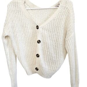 Sincerely Jules Cream White Chunky Open Knit V-Neck Button Front Cardigan Small